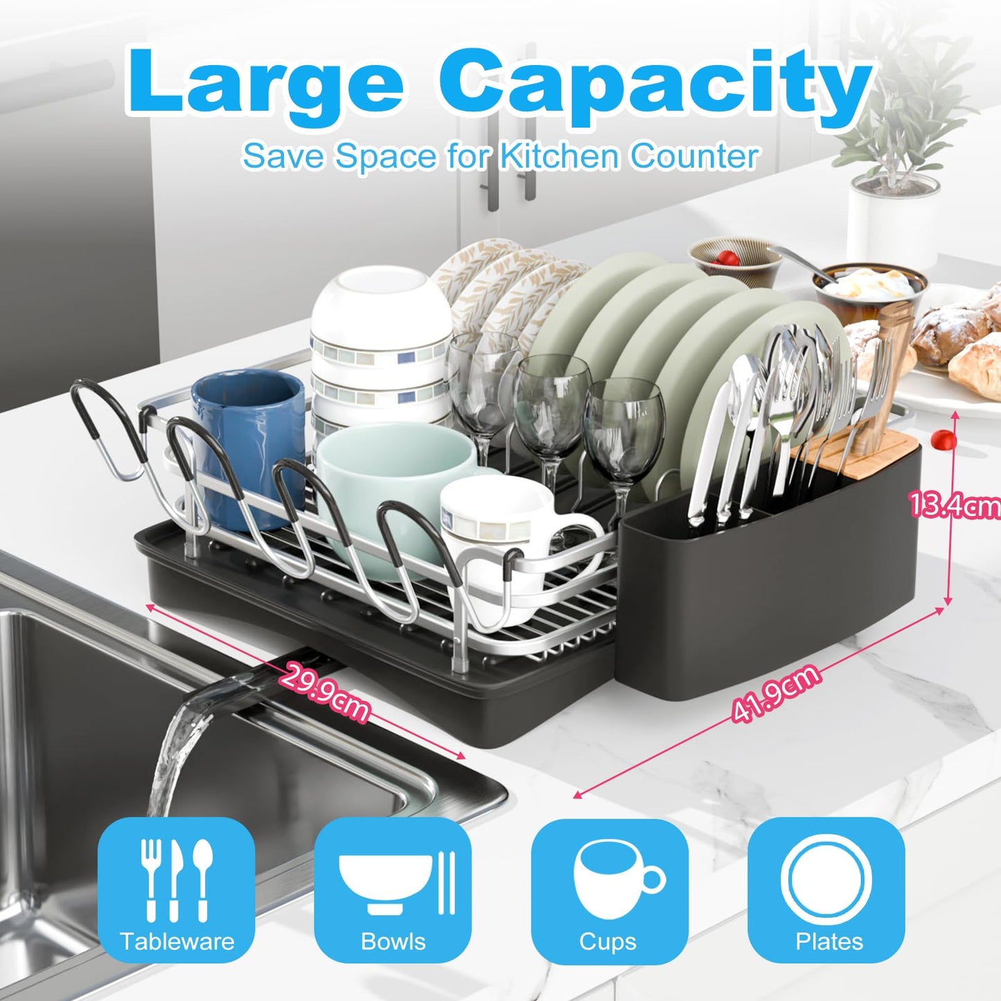 BRIAN & DANY Aluminum Dish Drying Rack, Dish Drainer with Removable Cutlery Holder & Cup Holder, Unique 360 Swivel Spout Drain Board, Silver, 41.9x