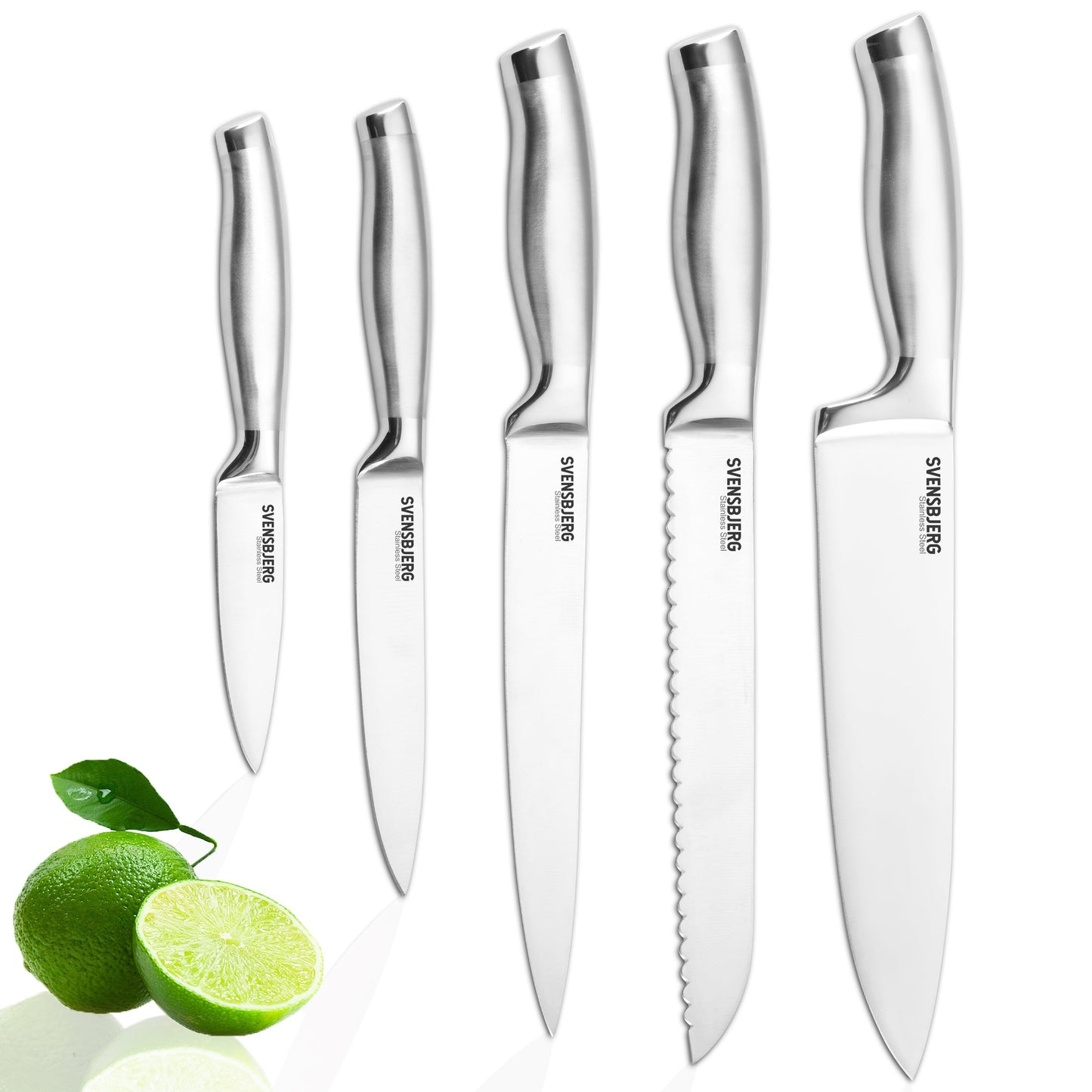 SVENSBJERG 5-Piece Kitchen Knife Set, Professional Chef's Knife Set, Stainless Blade Steel, Easy Sharpening, Ergonomic, Simple Elegance