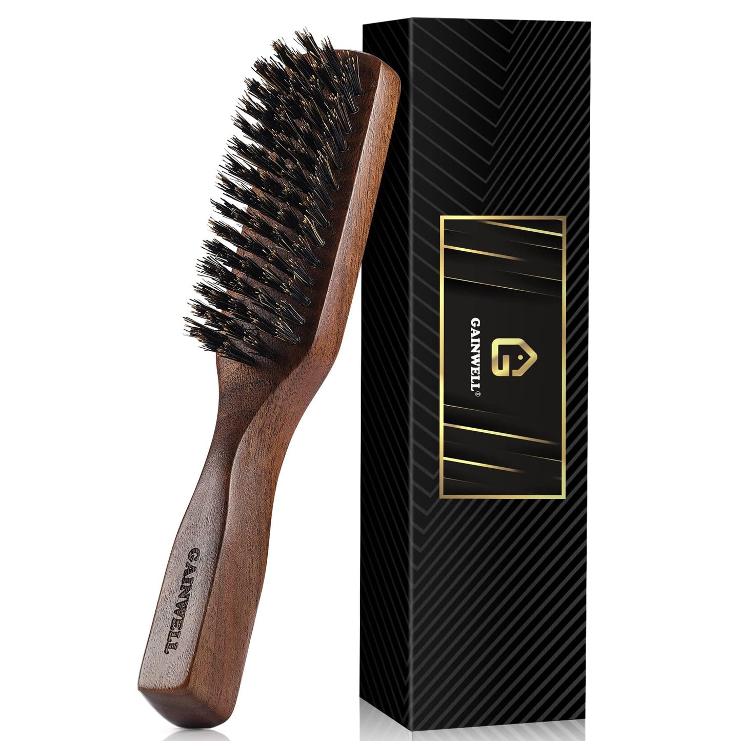 GAINWELL Wild Boar Bristle Slick Back Hair Brush, Mens Beard Brush Stiff Bristles for Thick Hair, Natural Black Walnut Wooden Handle Hairbrush
