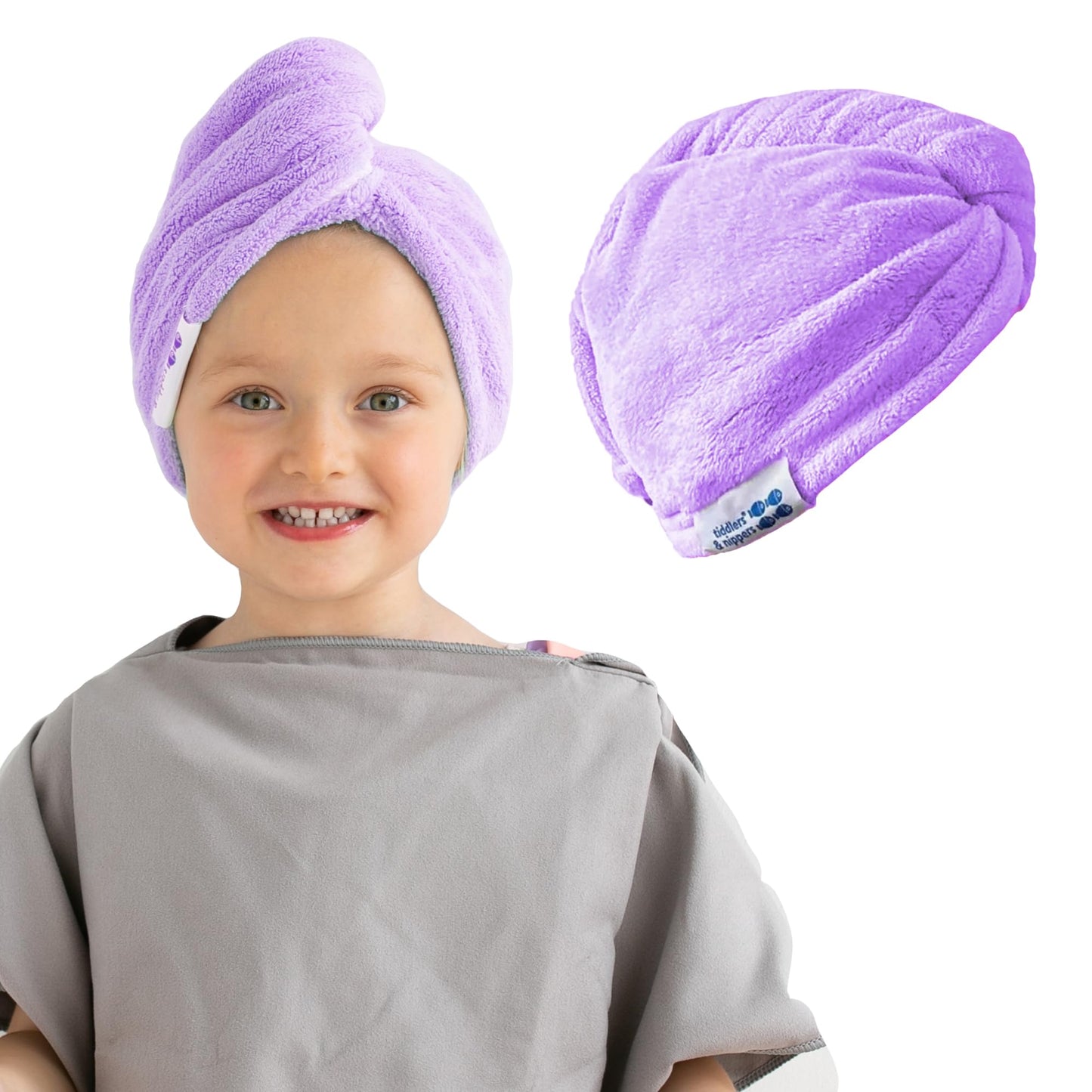 tiddlers & nippers Super Absorbent Hair Wrap Twist Towels | 65x25cm Large Turban with Button & Elastic Fastening for Women & Kids (Purple)