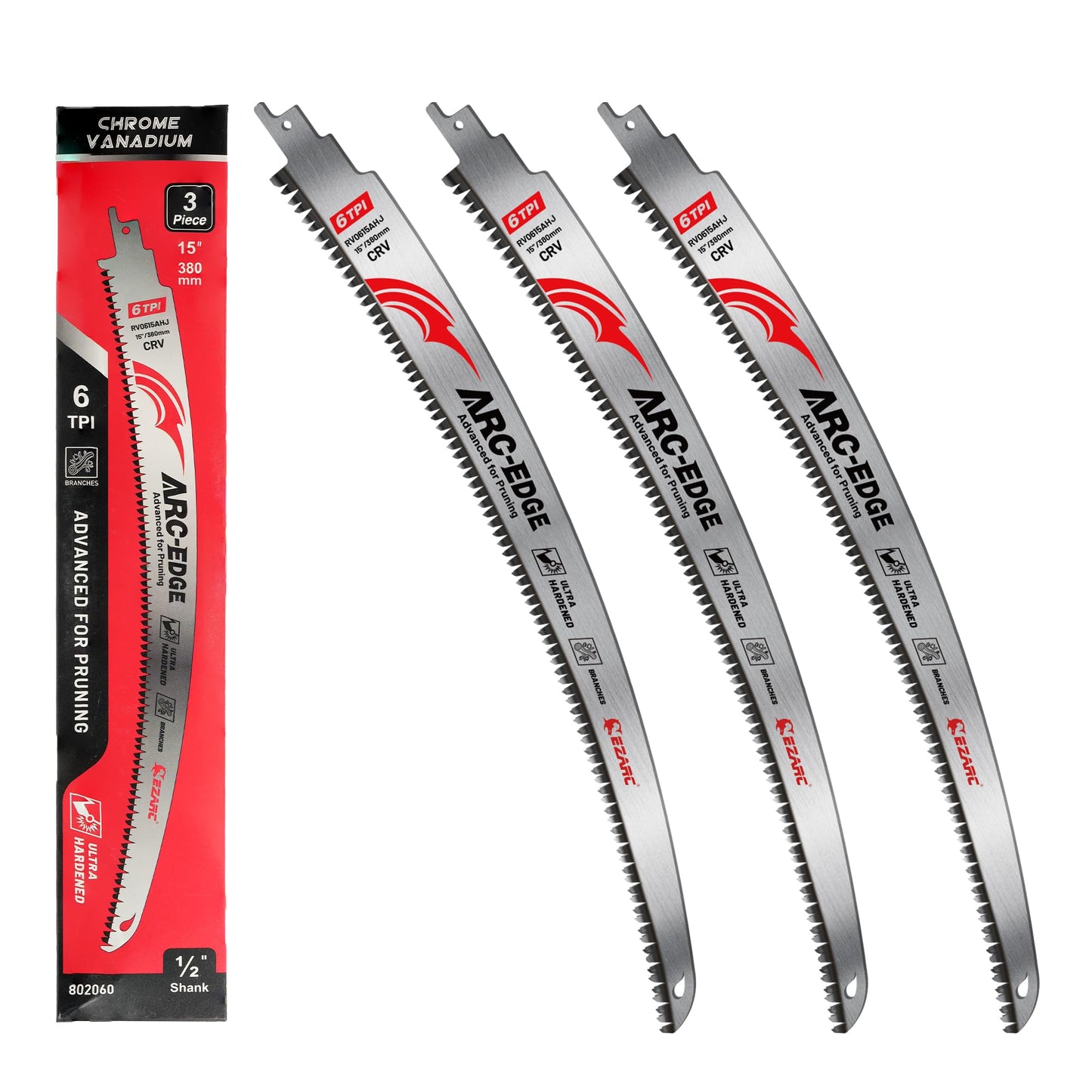 EZARC Japanese Teeth Reciprocating Saw Blade 380 mm, Arc Edge Wood Pruning Saw Blades 6TPI for Tree Trimming, Wood Cutting, 3 Pieces