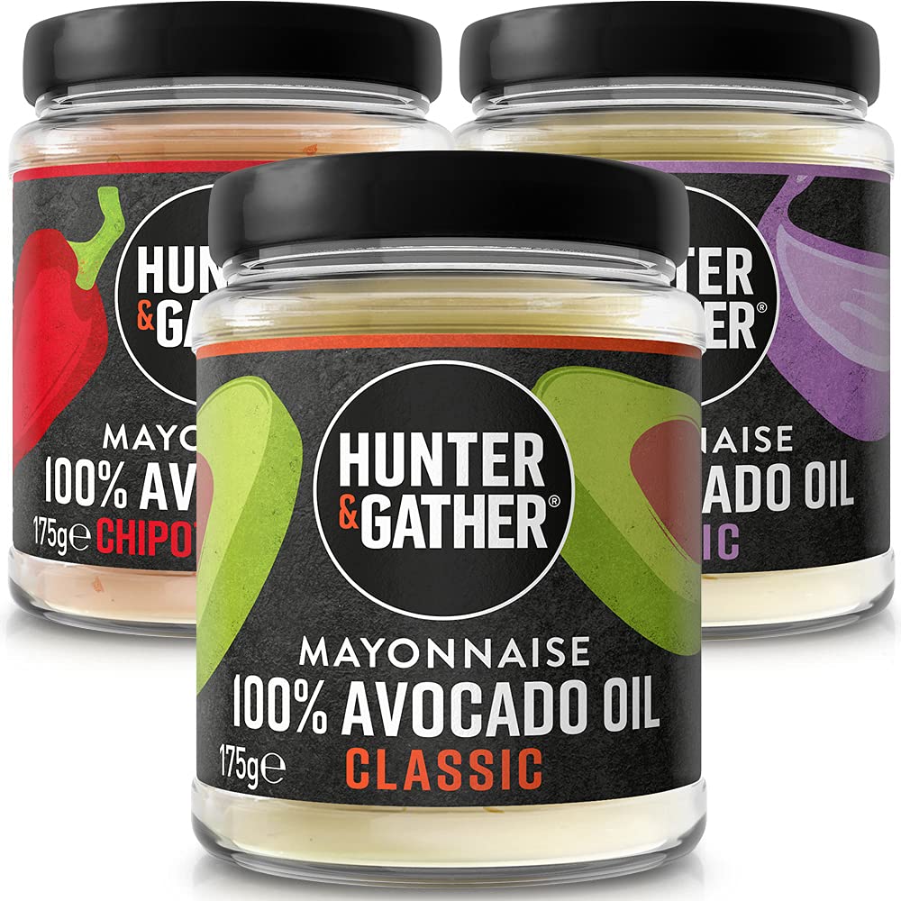 Hunter & Gather Avocado Oil Keto Seed Oil Free Mayonnaise Variety Pack 3x175g | 1xClassic, 1xGarlic, 1xChipotle & Lime | Made with Pure Avocado Oil &
