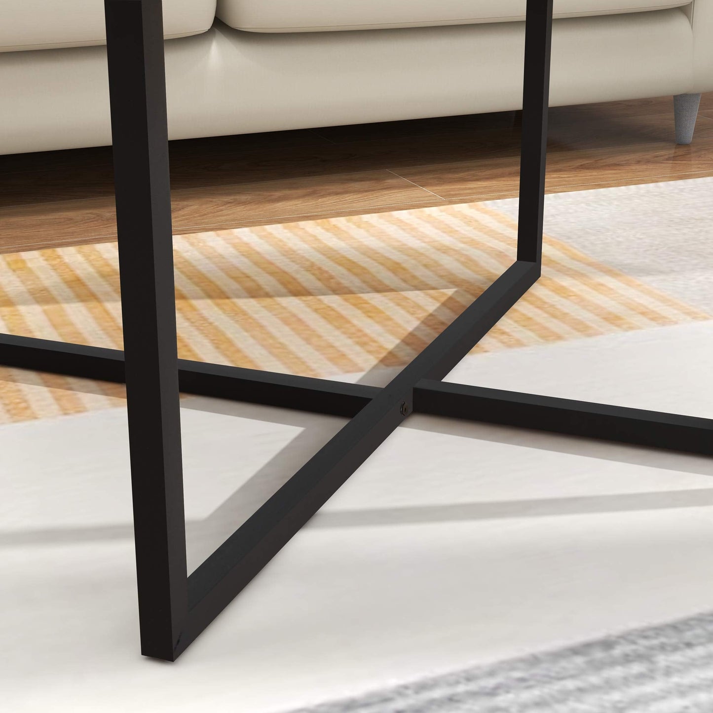 BOFENG Round Coffee Table Tea Table End Table Sofa Table for Living Room with Metal Legs, Black+Brown oak