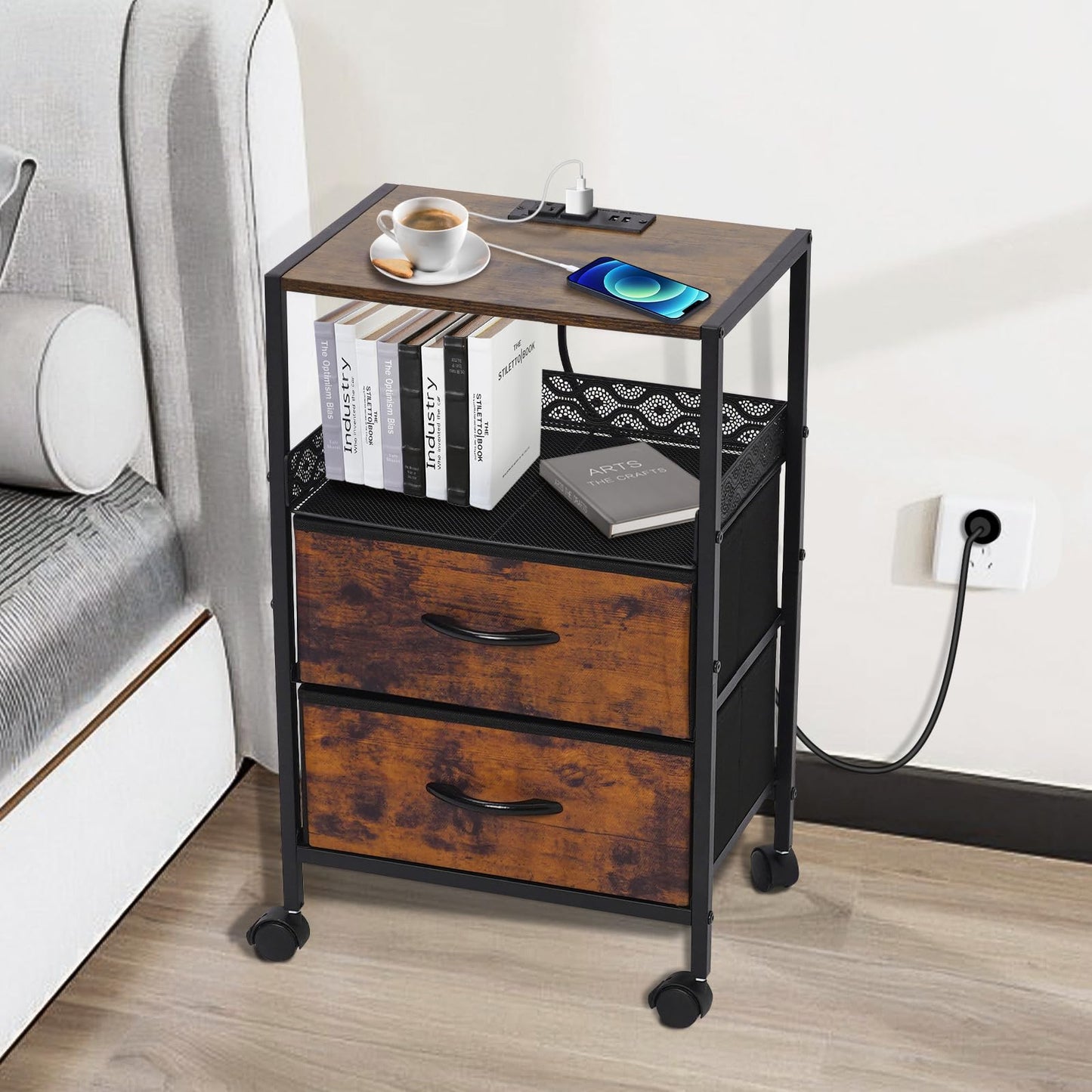 Yosamy Slim Bedside Table with Charging Station & 2 Drawers - Narrow End Table with 2 Outlets, USB Ports,Industrial Rustic Brown Nightstand for Small