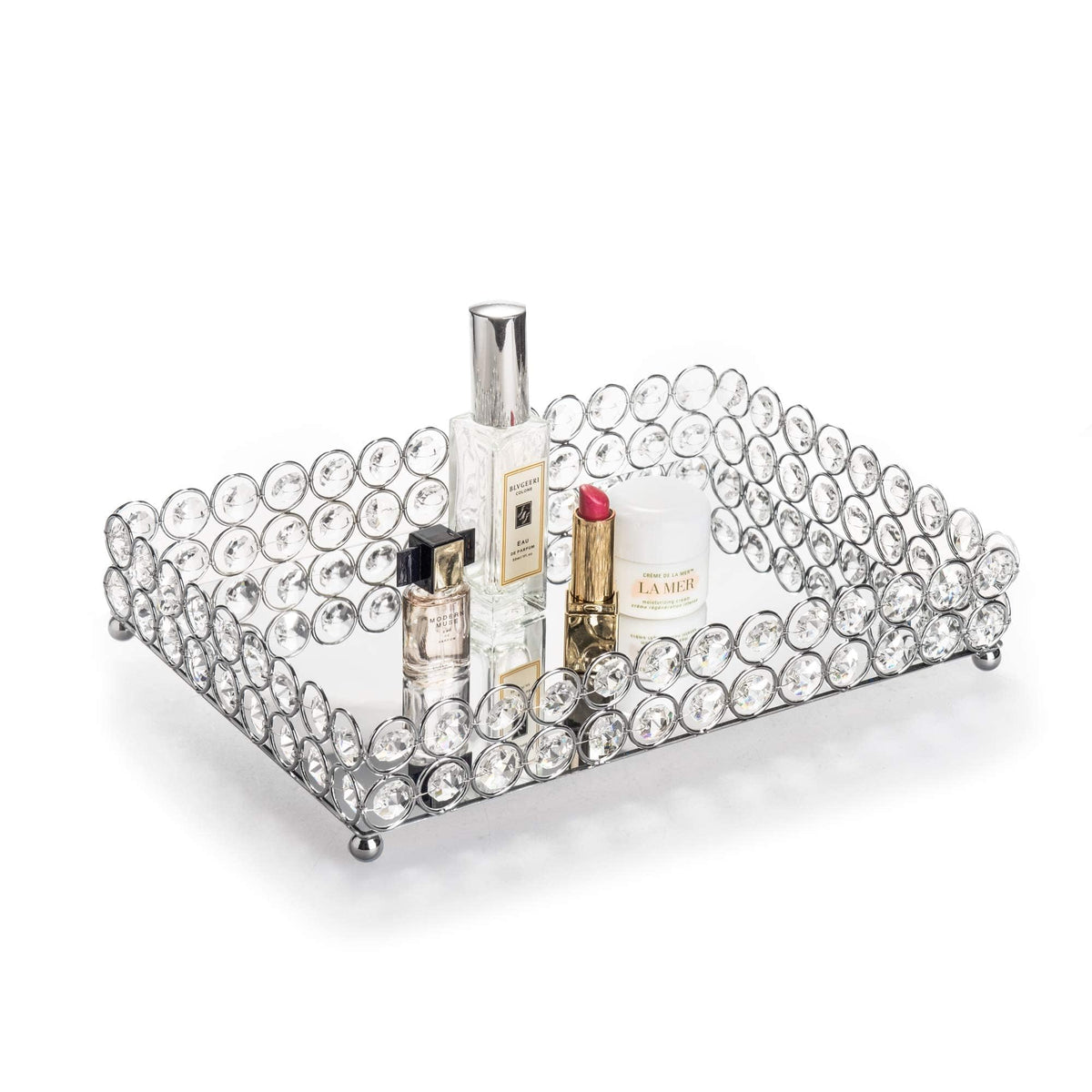 Feyarl Silver Mirrored Tray Crystal Perfume Tray Cosmetic Vanity Trays Skin Care Storage Decorative Trays for Home Dressing Table Wedding Decoration
