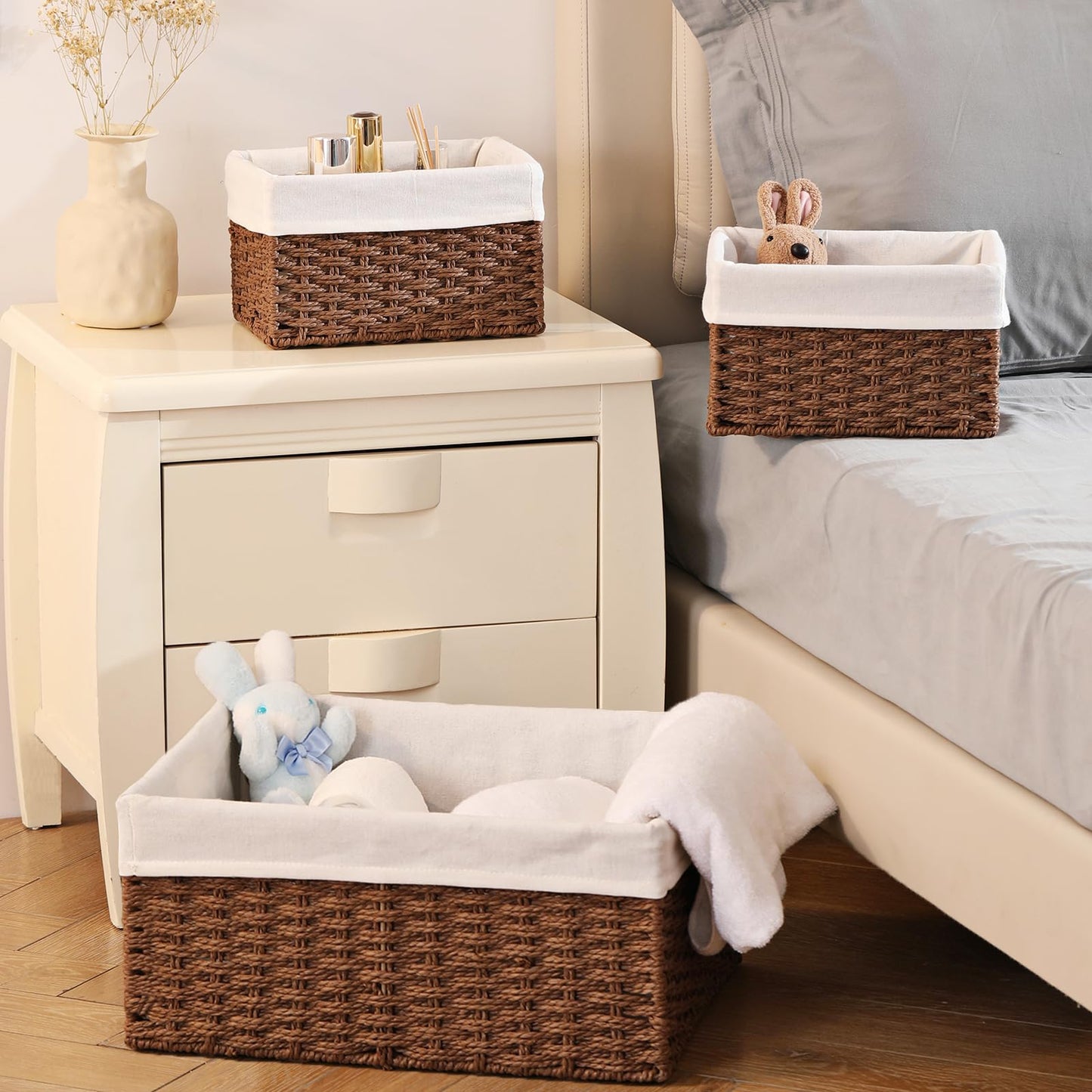 Vagusicc Wicker Storage Basket, Set of 3 Rectangular Storage Gift Hamper Basket with Removable Fabric Lining