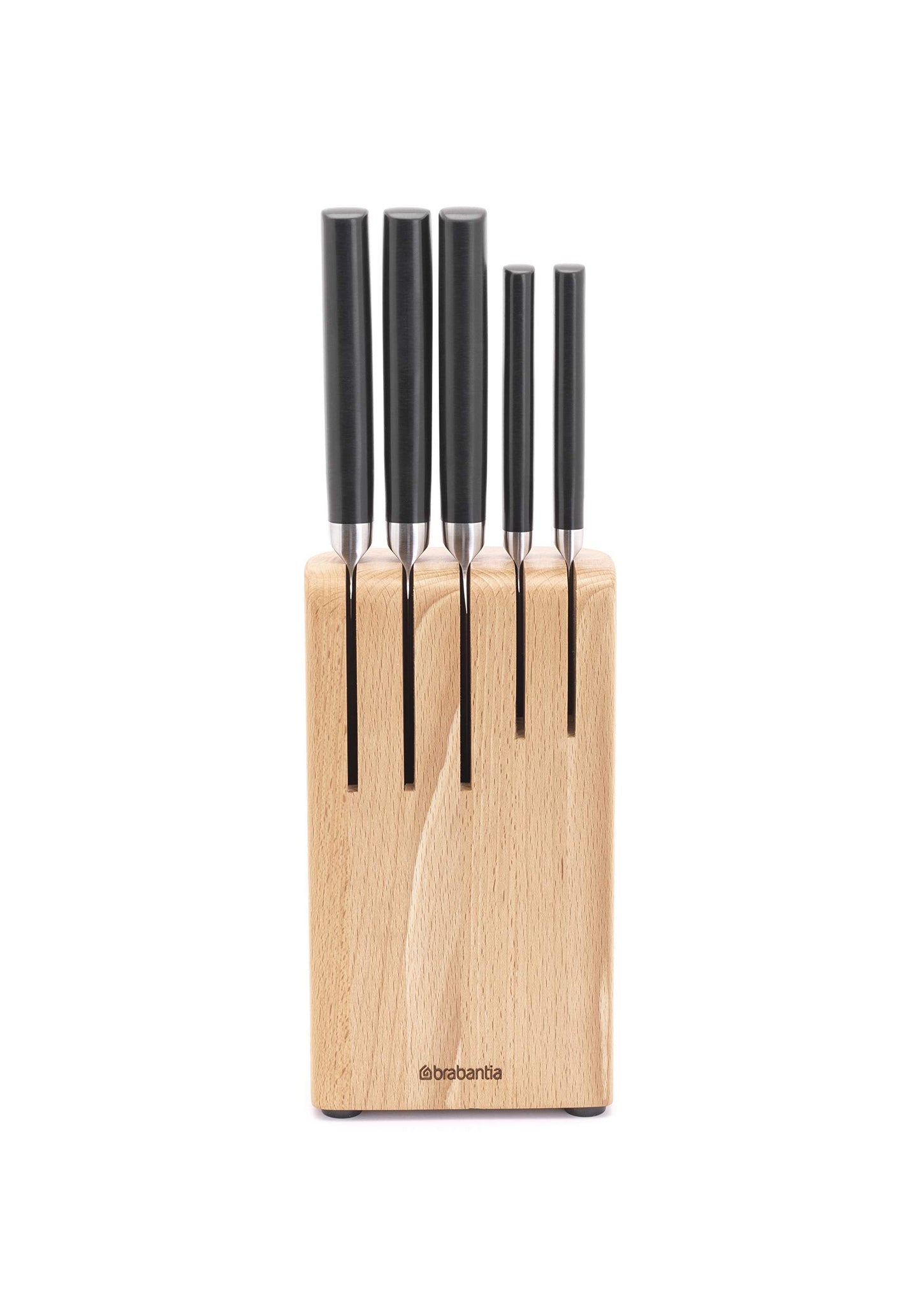 Brabantia 5 Knives Knife Block with Dark Grey Handled Knives & Slotted Beech Wood Countertop Organiser - 6-Piece Set Includes Chef, Bread, Carving,