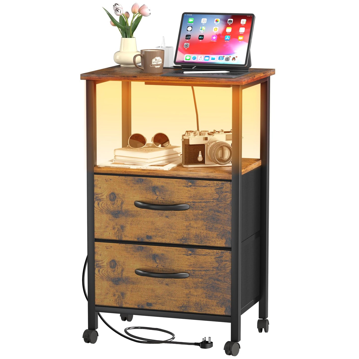 Bedside Table - Bedside Cabinet with Charging Station - Storage Nightstand Side Tables with 2 Large Capacity Fabric Storage Drawers - 42cm Wide Bed