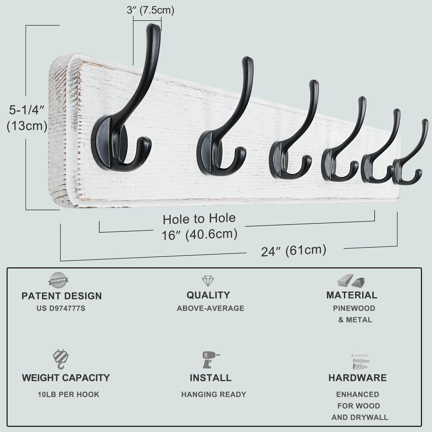 Dseap Coat Rack Wall: 60cm Long, Patented, Heavy-Duty, 6-Double-Hooks Wooden Wall Mounted Coat Rack Coat Hanger Hook Rail for Winter Coats Hat Jacket