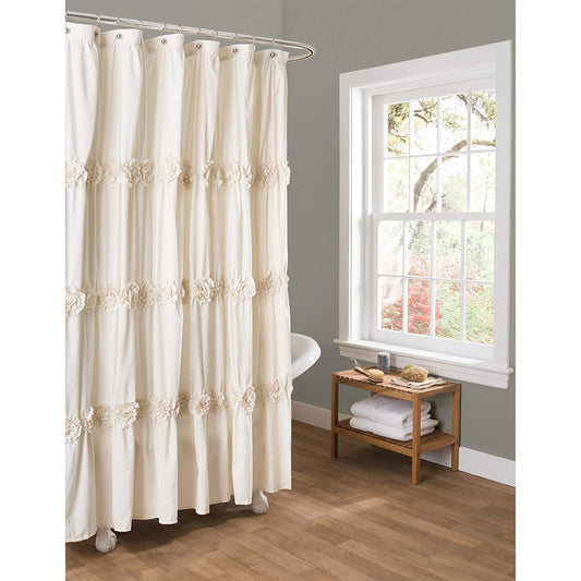 Lush Decor Darla Ruched Floral Bathroom Shower Curtain, 72” x 72”, Ivory