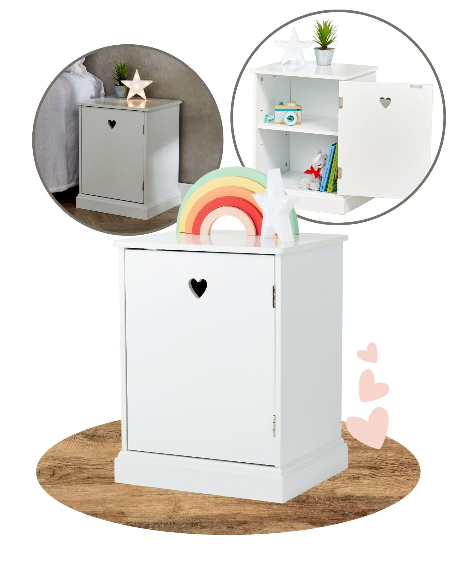 Haus Projekt Kids Bedside Table, 50x33x39cm, Girls Small White Bedside Table For Bedroom, Nursery, Children's Side Table With Storage, Heart Detail,