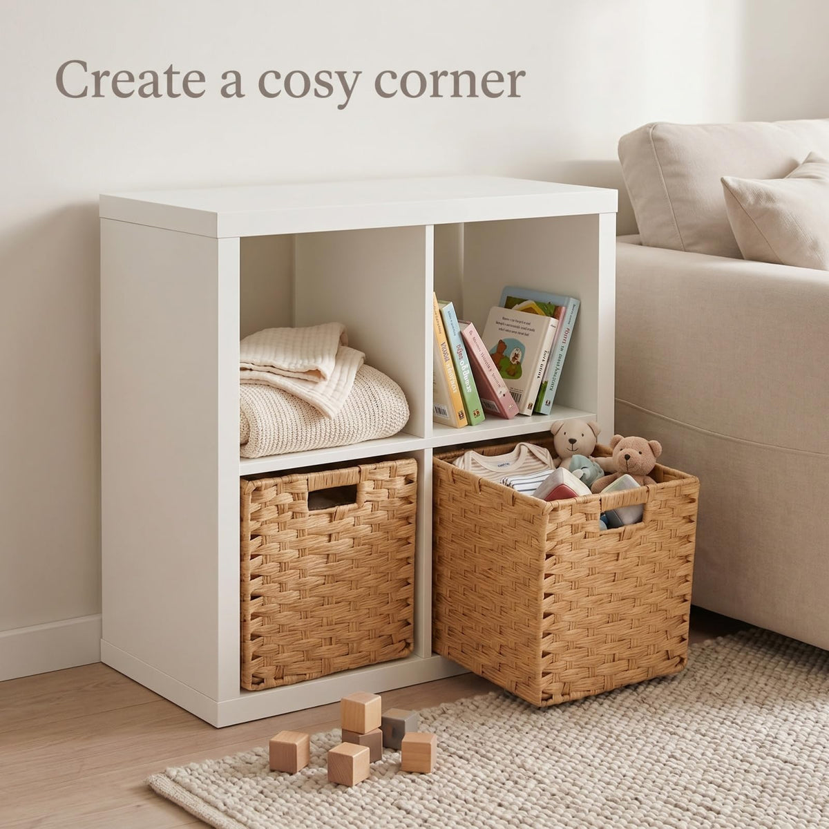 SOCOHOME Cube Storage Box,31x31x31cm Faux Rattan Boxes for Toy Clothes Shelf Nursery Closet Waterproof,Non-Mouldy(Beige, 4 Pcs)