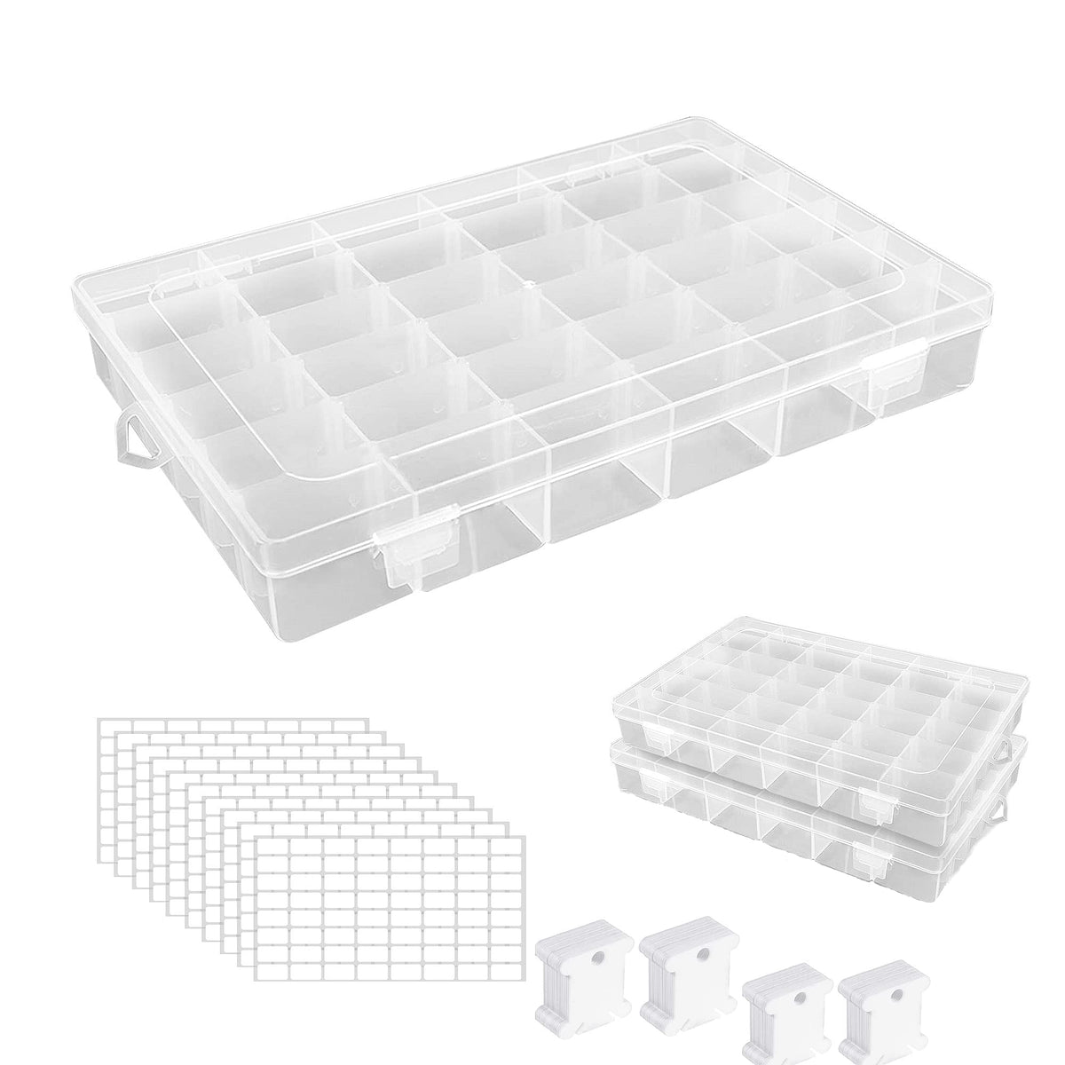 AZKEEGREY 2Pack 36 Grids Plastic Embroidery Floss Storage Box, Cross Stitch Storage Box with 200 Floss Bobbins, 8Sheet Blank Stickers