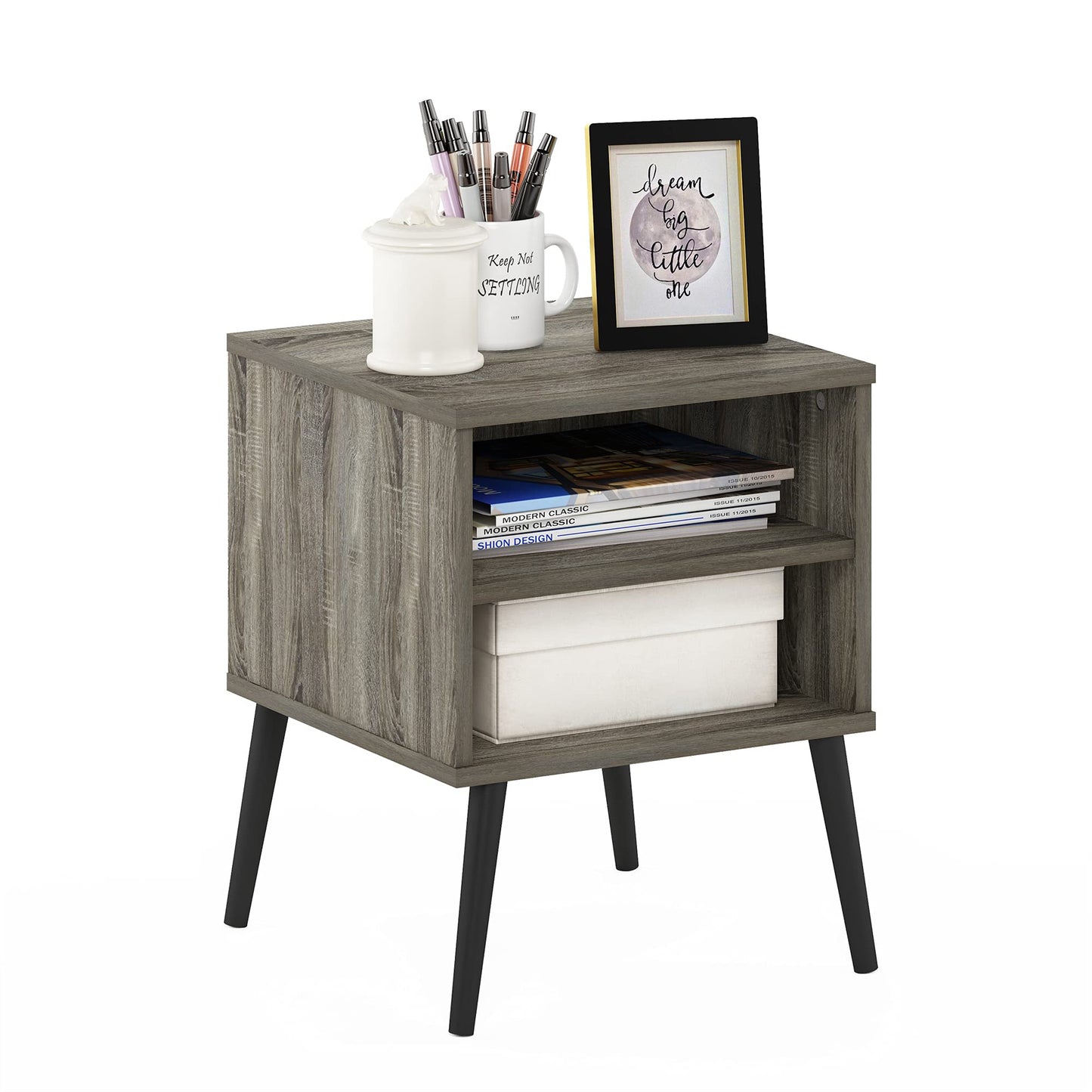 Furinno CLAUDE Side Table, 2-Tier Square End Table with Wooden Legs, Open Shelf Night Stand, Bedside Table, for Living Room, Bedroom, French Oak Grey