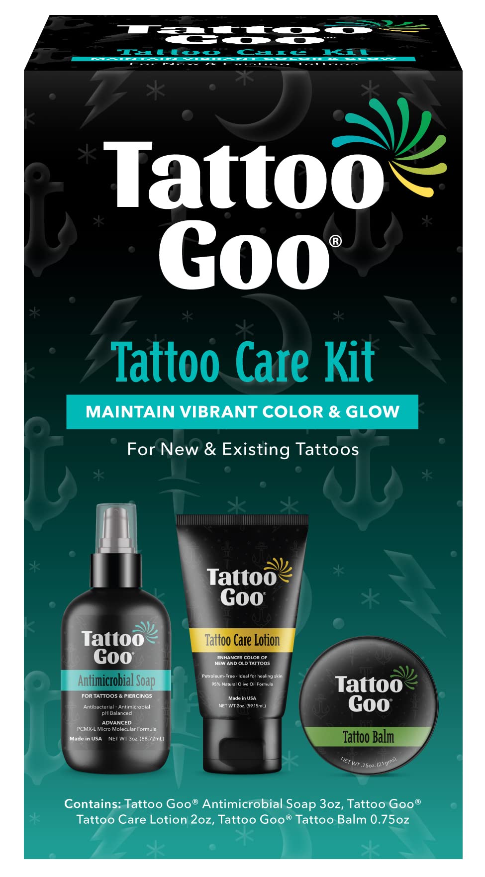 Tattoo Goo Aftercare Kit Includes Antimicrobial Soap, Balm, and Lotion, Tattoo Care for Color Enhancement + Quick Healing - Vegan, Cruelty-Free,