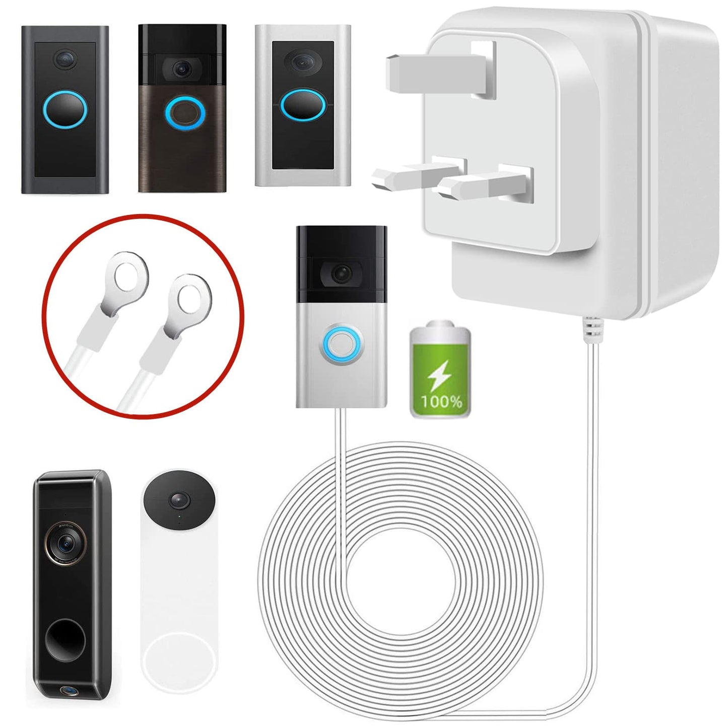Doorbell Transformer 24V500MA, Visual Doorbell AC Power Adapter, Suitable for Most Versions of Ring Doorbell and Thermostat (8M extension cable white)