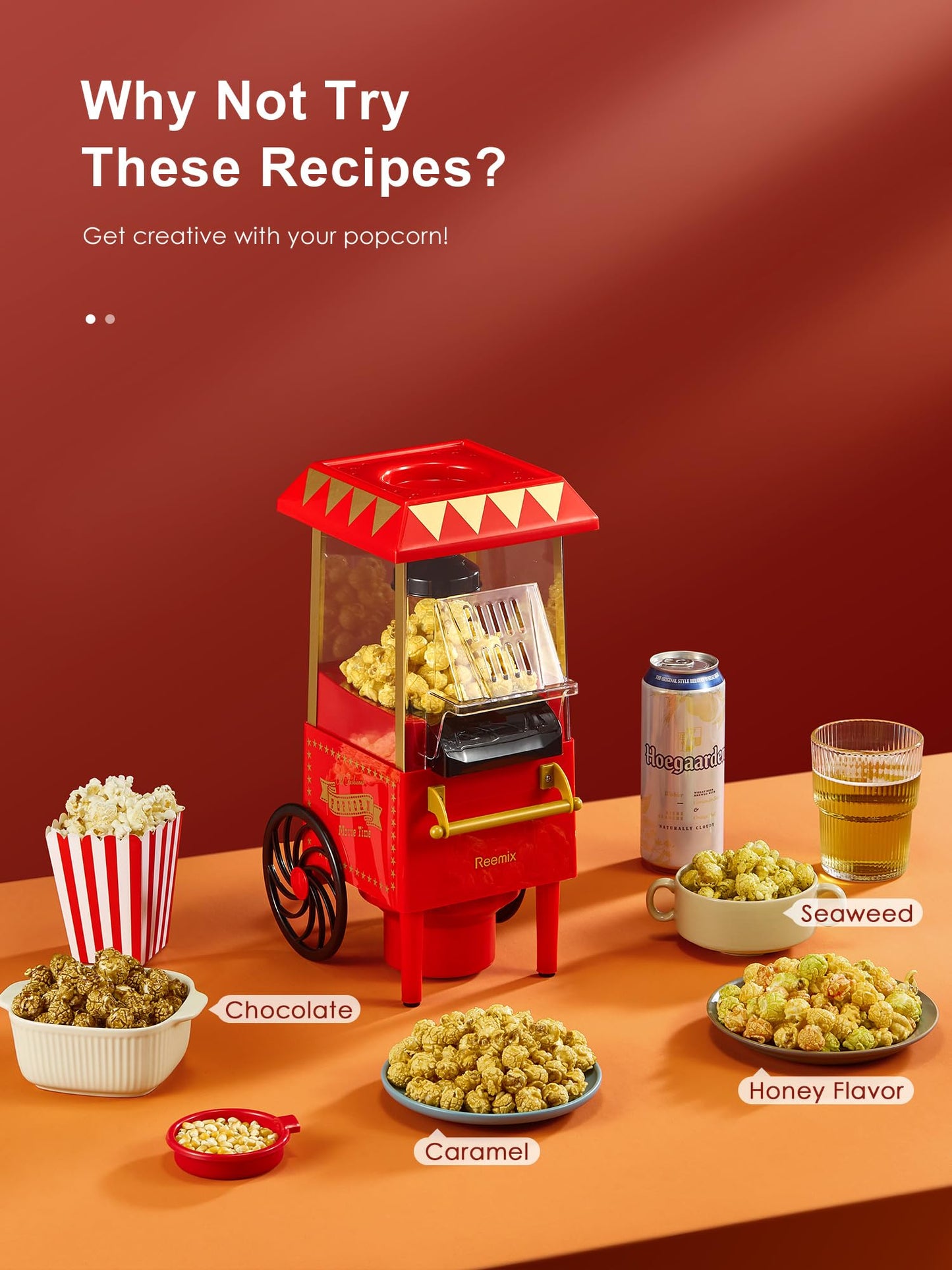 Popcorn Maker, Reemix 1200W Electric Popcorn Machine, No Oil, Homemade Fresh Popcorn in Under 3 Minutes, Uses Hot Air, Detachable Cover, Parties,