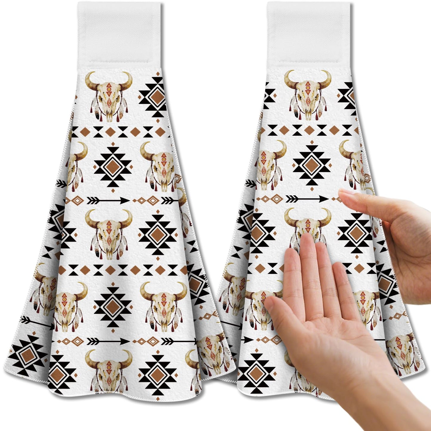 CUTHOLLOW Western Pattern Tea Towels for Kitchen with Loop, Set of 2 - Soft & Super Absorbent Microfiber Decorative Hanging Dish & Hand Towel, Tea,
