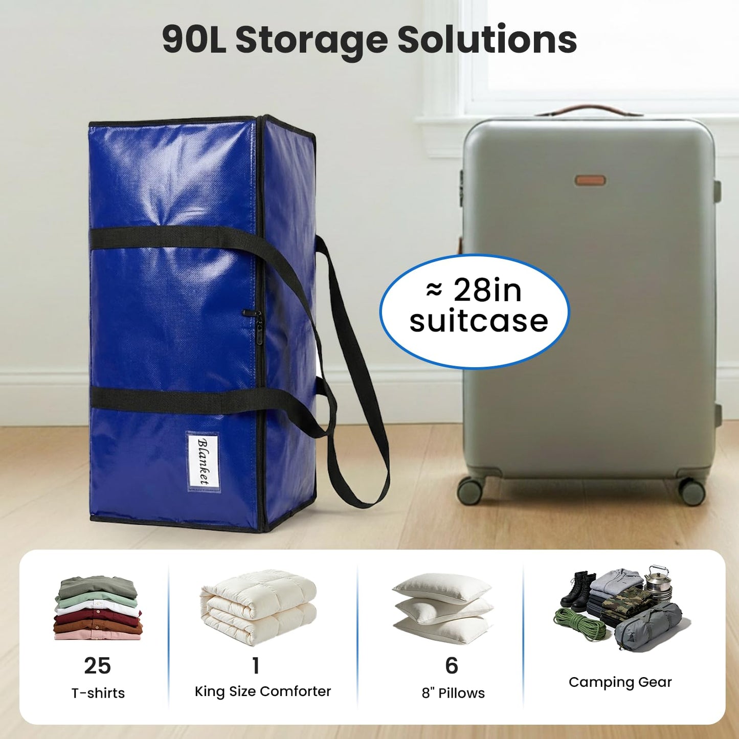 RICHER HOUSE 90L Heavy Duty Moving Boxes, Clothes Storage Bags, 6 Pack,Blue
