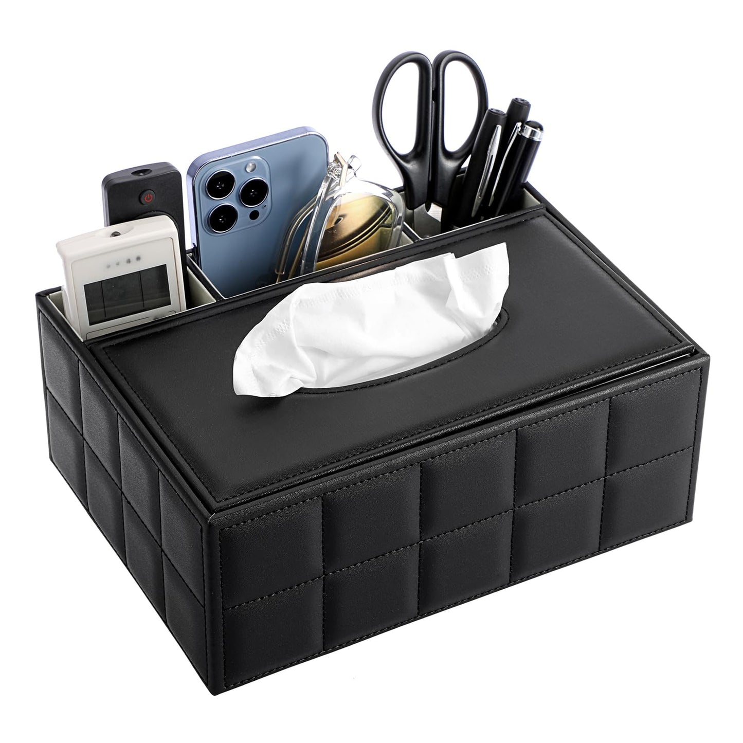BTSKY PU Leather Household Office Rectangular Tissue Box with Remote Control Storage Holder - Desktop Tissue Holder Organizer Storage Box Remote