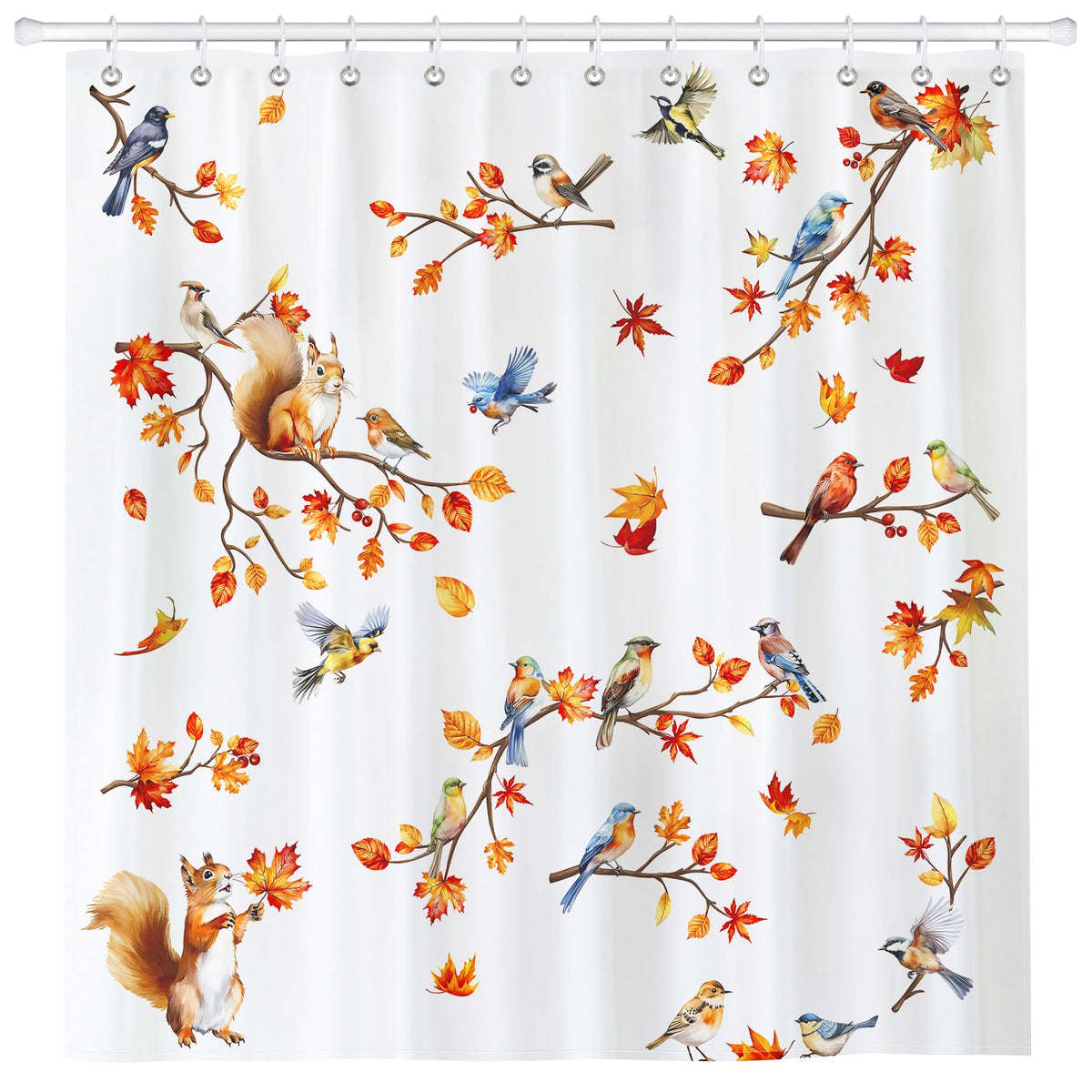 Arquiel Fall Bird Squirrel Shower Curtain Sets, Waterproof Polyester Fabric Shower Curtains With 12 Hooks for Bathroom Home Decoration, 72 ? 72 Inch