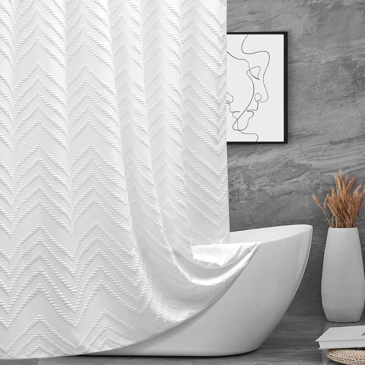 TURKIO White Boho Fabric Shower Curtain 72 x 72 Inches, Modern Shabby Chic Textured Tufted Chevron Striped Minimalist Cloth Bathroom Shower Curtain
