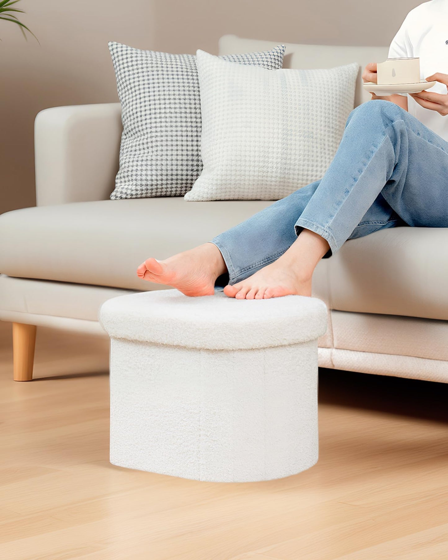 Bonlife Small Ottoman Storage Stool, Folding Boucle Footstool with Lid,41cm