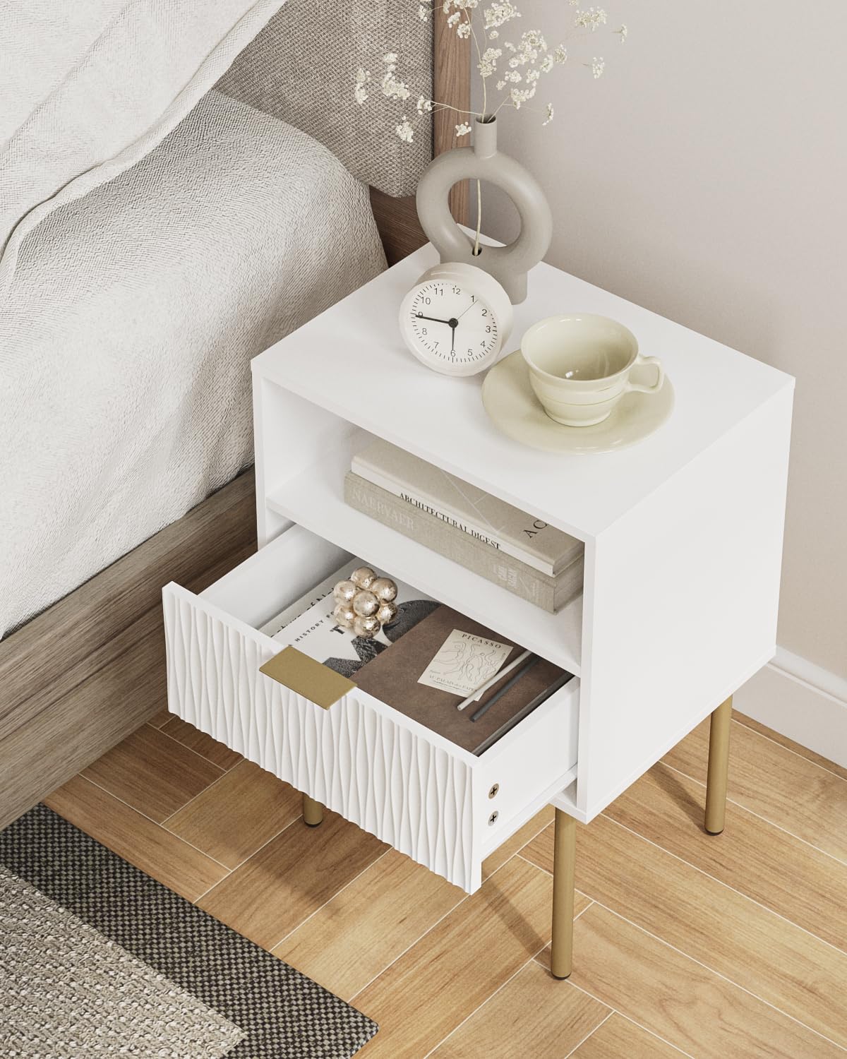 Apetaccat Bedside Table, Fluted Nightstand with Drawer and Open Shelf, Modern Bedside Cabniet Wooden, Side Table for Bedroom, Living Room, White