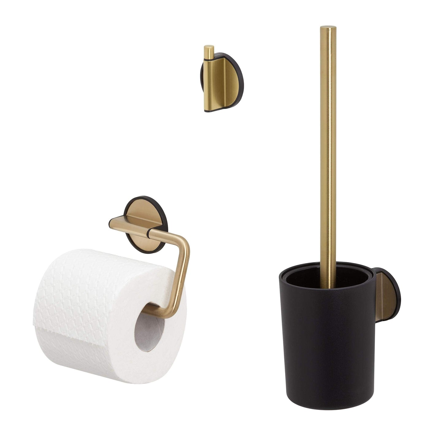 Tiger Tune Toilet accessories set - Toilet brush and holder - Toilet roll holder without cover - Towel hook - Brushed brass/Black