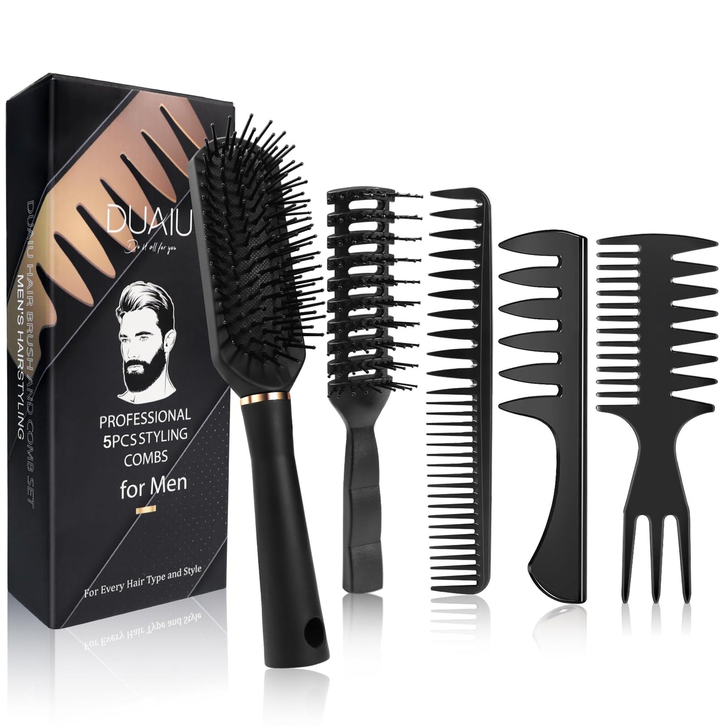 DUAIU Hair Brush Men 5Pcs Mens Hair Comb Mens Comb Set Styling Brush Paddle Brush Heat Resistant Vent Wide Tooth Comb Texture for Blow Drying Cutting