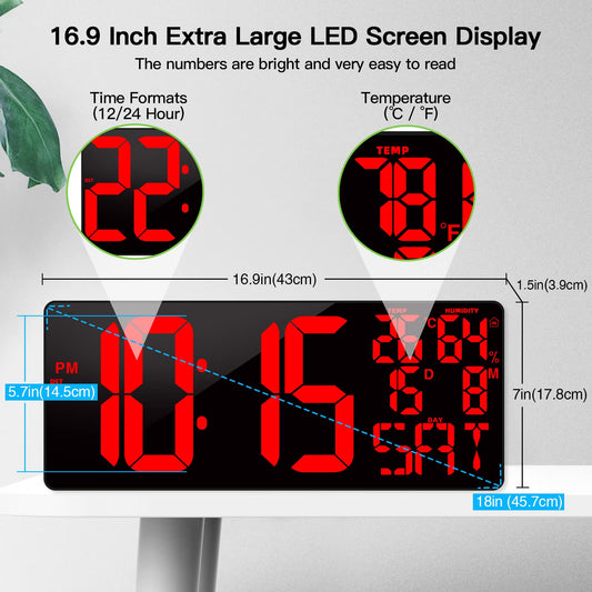 XREXS 18 Inch Extra Large Digital Wall Clock with Remote Control, LED Large Wall Clocks, Count Up/Down Timer, Auto-Dimming Alarm Clock with