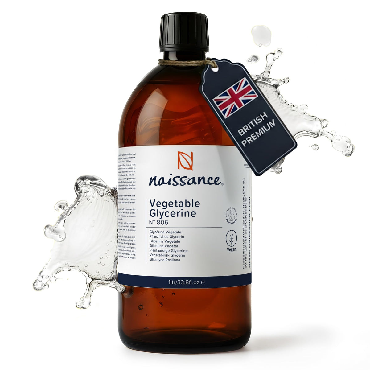 Naissance Vegetable Glycerine Glycerol Liquid no. 806 1 Litre - 100% Pure & Natural Glycerin, Premium EP/BP/USP Pharmaceutical Grade, Natural