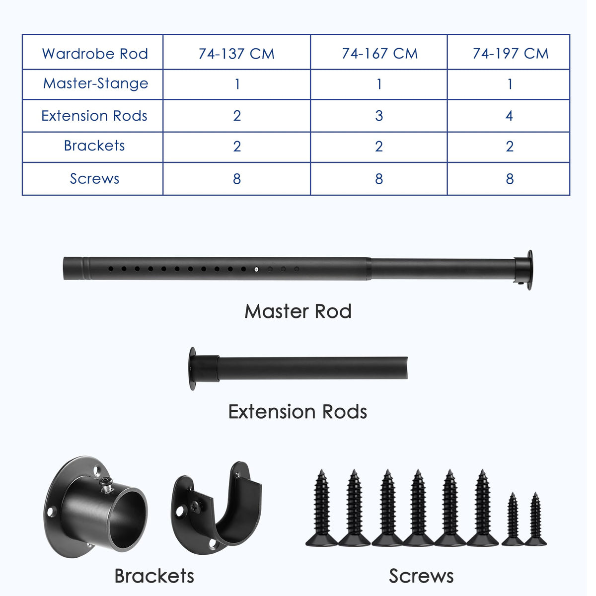 Wardrobe Rail Extendable, 32MM Stainless Steel Wardrobe Rod Black 74-160cm, Heavy Duty Clothes Hanging Pole With Screws and Fixing Sockets for