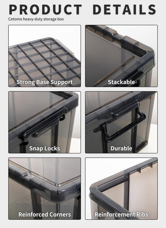 Cetomo 80L*3 Storage Boxes, Stackable Storage Box with Lids, Heavy-Duty Lidded Container with Reinforced Corners, Vertical Sides and Clip Closure,