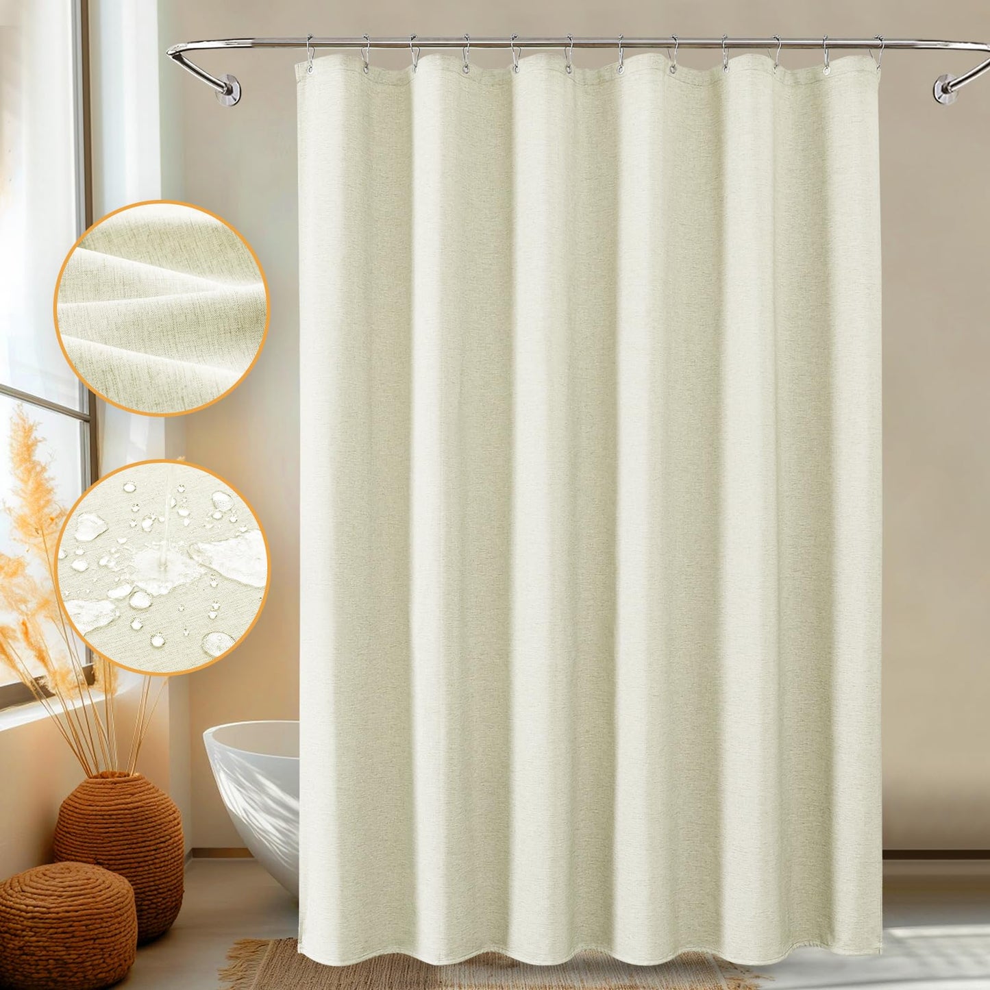 FY&XZH Linen-Texture Fabric Shower Curtain Set with Stainless Steel Hooks, 230 GSM Heavy Luxury Weighted Bath Curtain, Water-resistant &Washable Cloth