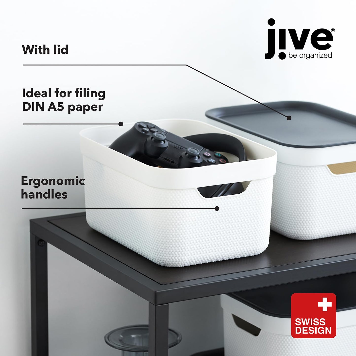 Rotho Jive Dekobox Set of 3 storage box 5l with lid, Plastic (PP recycled), white/anthracite, 3x5l (26.5 x 18.5 x 13.2 cm)