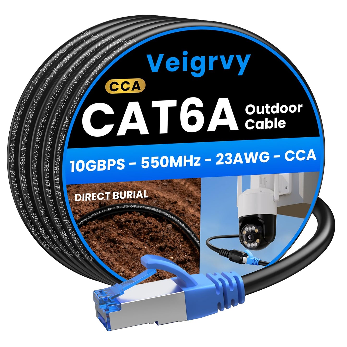 Veigrvy Cat 6A Outdoor Ethernet Cable 25m, Direct Burial Water Resistant LLDPE UV Jacket, High Speed 23AWG 10Gbps Gigabit Internet Network LAN Cable -