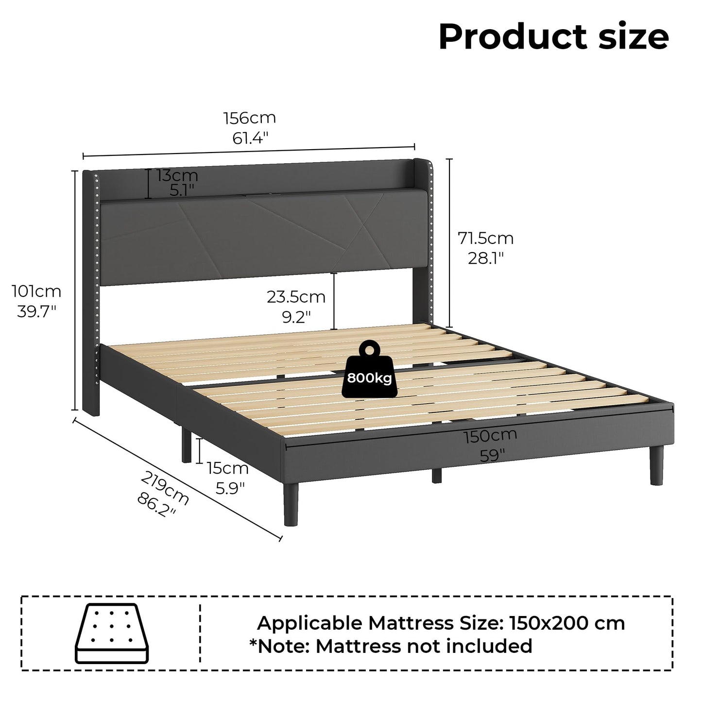 IRONCK 5ft King Size Bed Frame with Charging Station, Bed Frame King with Upholstered Storage Headboard, Sturdy Wooden Slat Support