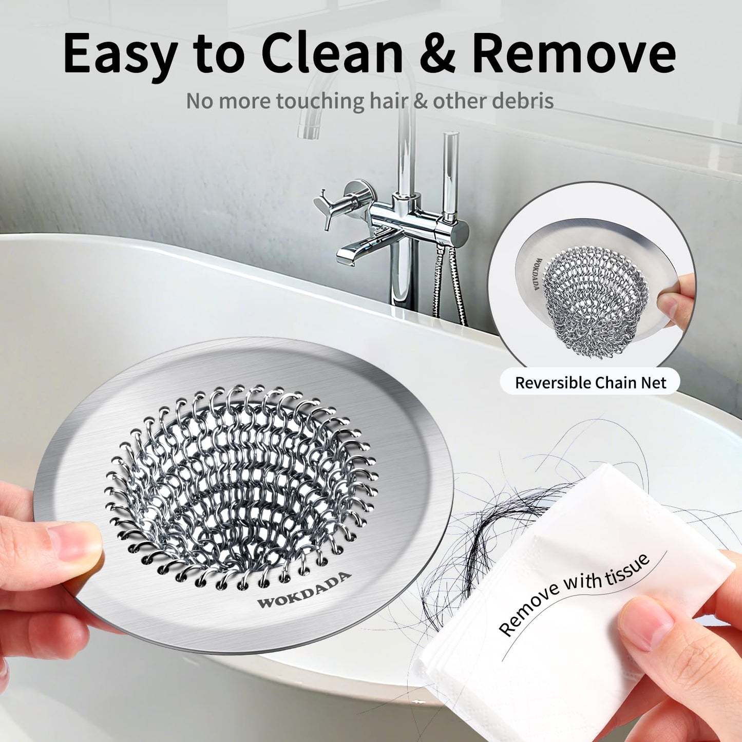2 Pack WOKDADA Shower Drain Cover, Fast Drainage Hair Catcher for Shower Drain, Reversible 304 Stainless Steel Drain Protector, Fits Shower, Bathtub