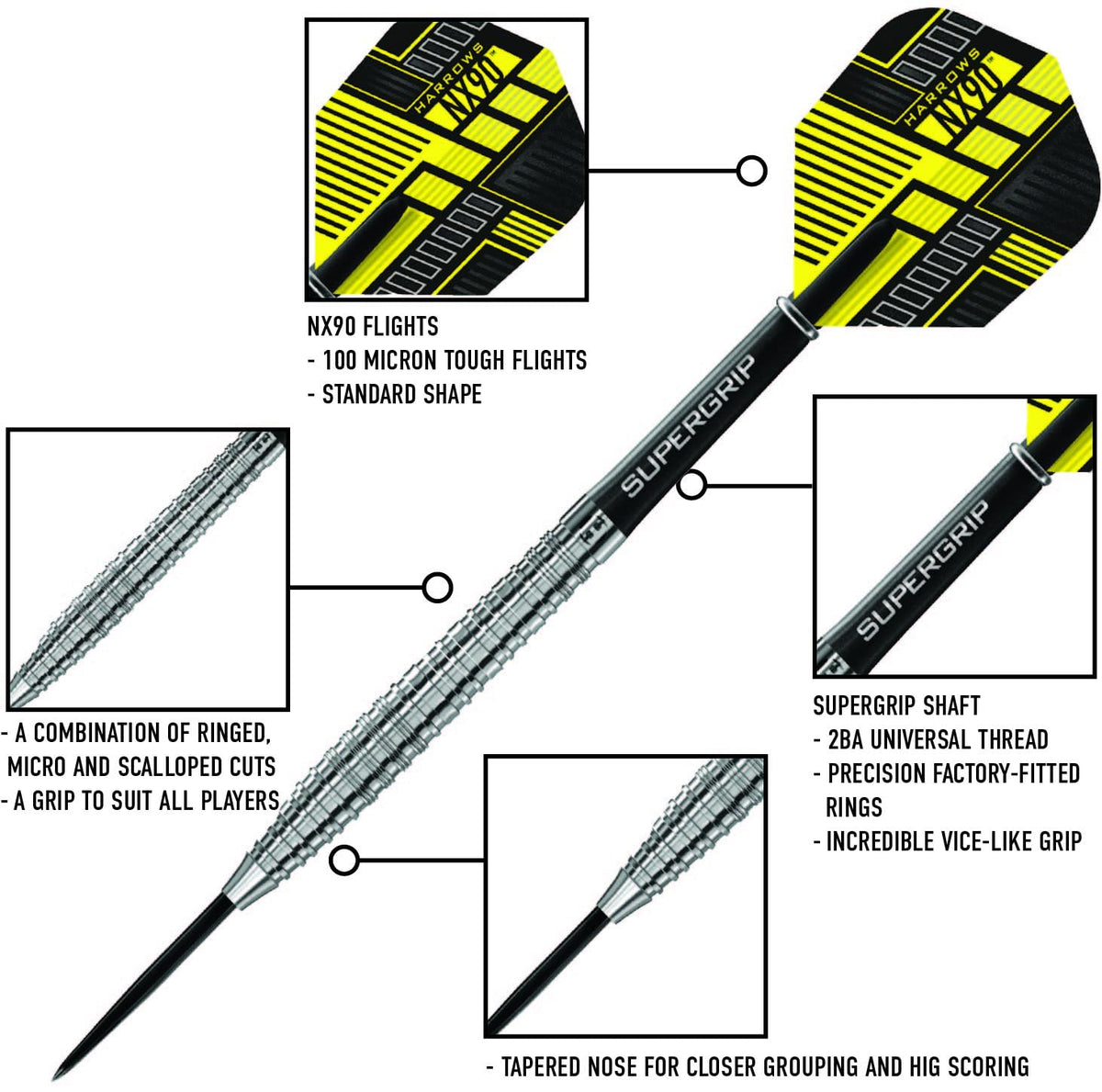 Harrows NX90 90% Tungsten Steel Tip Darts Set 21g, 22g, 23g, 24g, 25g & 26g - Includes Black Supergrip Midi Shafts & Micron NX90 Flights (25g)