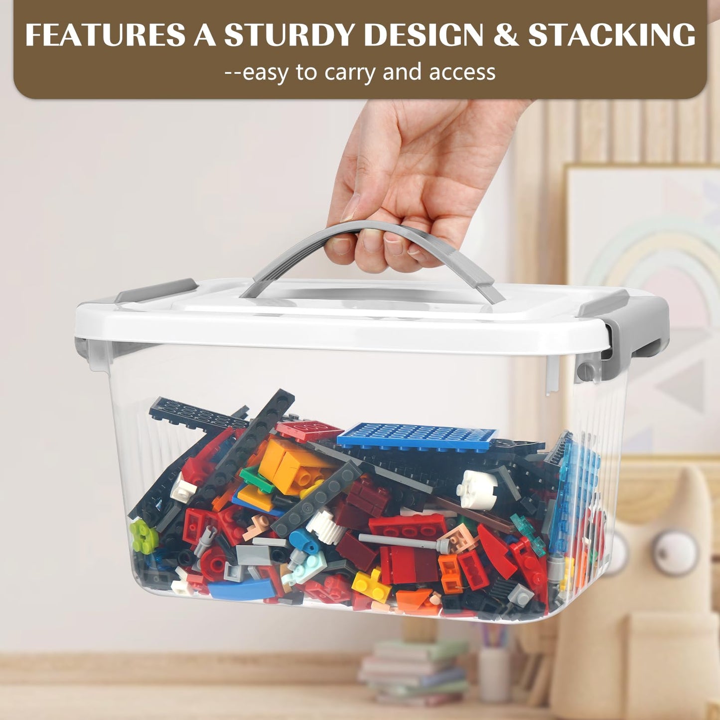 6 Pack Clear Storage Boxes with Lids, Plastic Storage Box with Handle