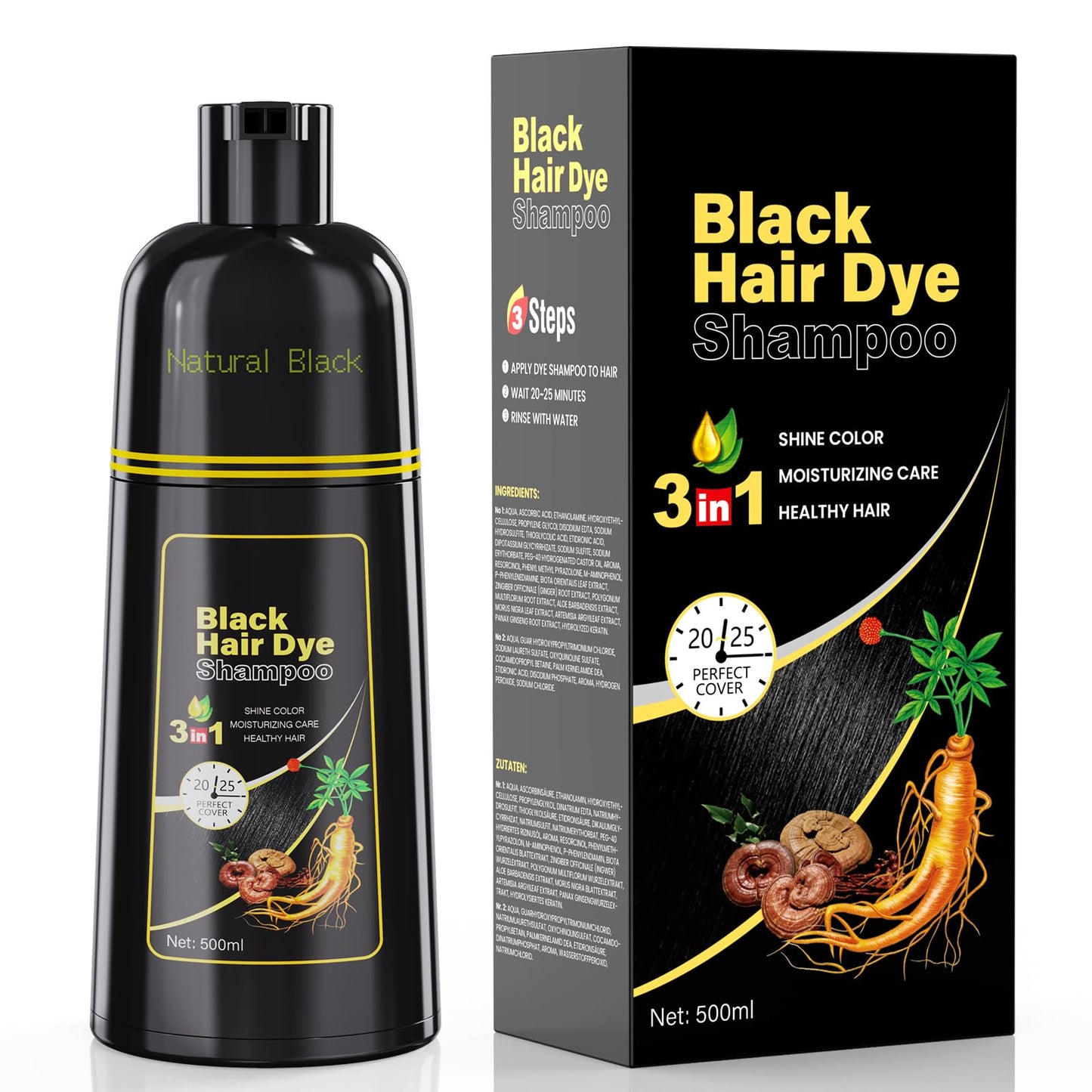 Black Hair Dye Shampoo 3-in-1 for Women & Men, 500ml Natural Herbal Formula, Covers Grey Hair, Non-Irritating & Nourishing, Long-Lasting Colour Up to