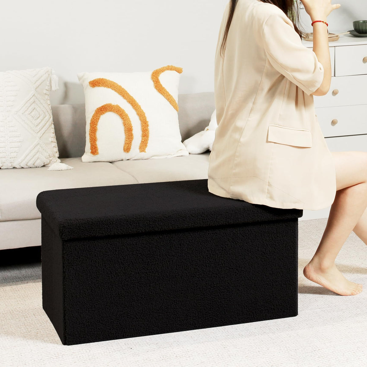 Bonlife Ottoman Bench,Large Toy Storage Box with Lid,Folding Footstool with Storage for Living Room,Hallway,Boucle Fabric,Black,80x40x40cm