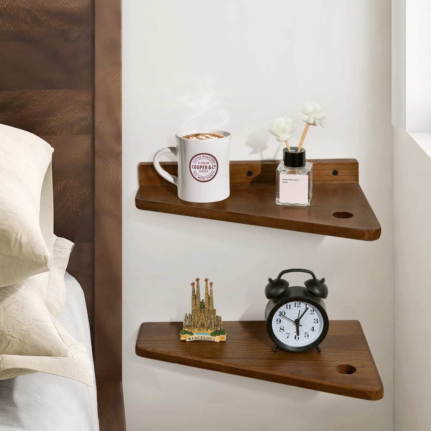 SUMGAR Floating Bedside Table Small Nightstand Set of 2 Shelf Wall Mounted Dark Solid Wood Shelves Walnut Modern Slim Thin Storage Display Furniture