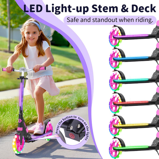 BELEEV V8 Scooters for Kids Ages 6+ with Light-Up Wheel & Stem & Deck, 2 Wheel Folding Scooter for Adults Teens, 4 Adjustable Height, Lightweight