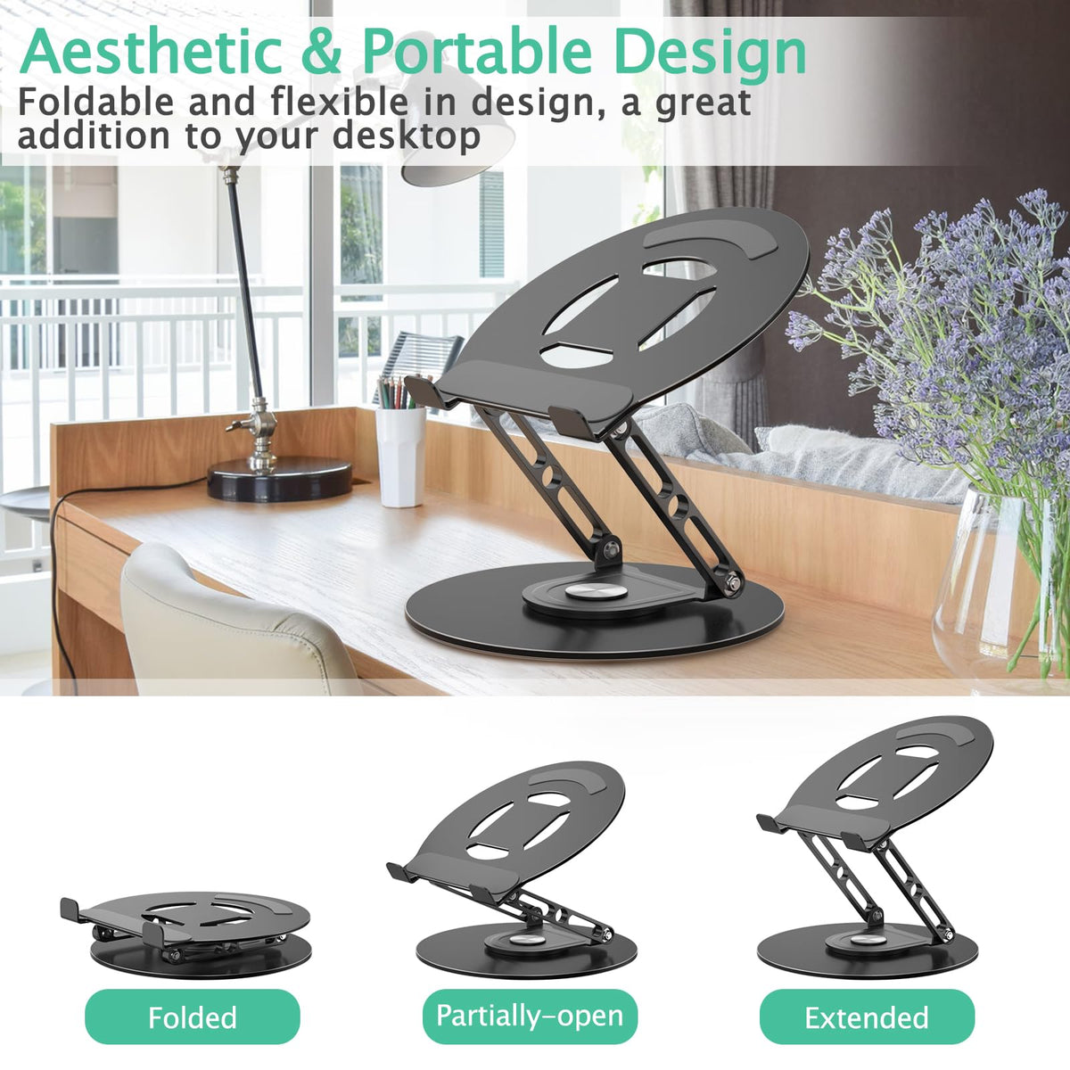 GleYo Laptop Stand for Desk Adjustable Computer Stand with 360 Rotating Base Ergonomic Laptop Riser Mount for Desk Foldable Protable Computer Desk