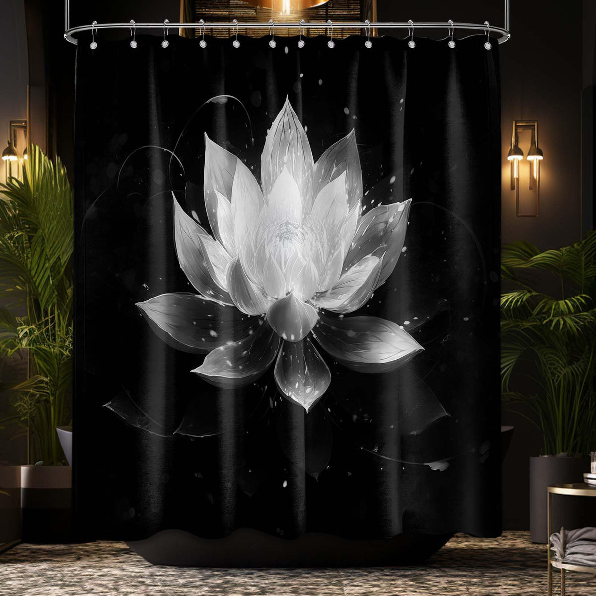 LanZanthic Lotus Shower Curtains for Bathroom Black and White Floral Spa Zen Wet Room Shower Curtain, Washable, Waterproof, Cloth Fabric, 180 x 180 cm