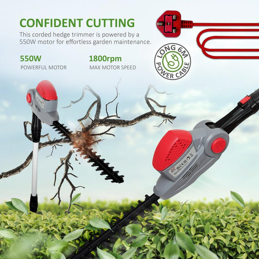 NETTA Pole Hedge Trimmer Long Reach Telescope - 550W Power, 2.7m Extendable Reach, 135? Adjustable Head, 2-Way Safety Switch, Shoulder Strap and 10m
