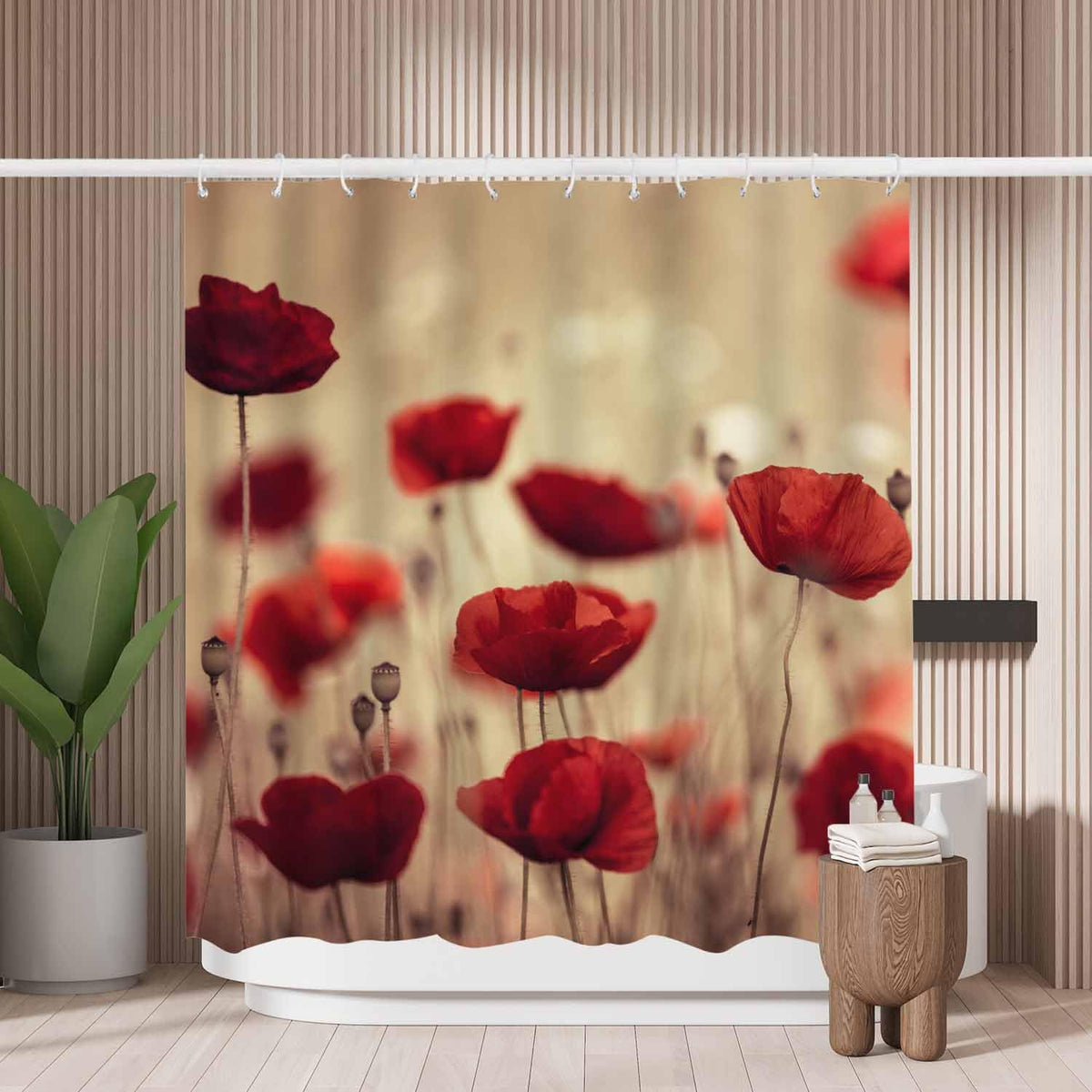 Woutay Shower Curtain Mould Proof Resistant Red Poppy Flowers,Water Repellant Fabric,Polyester,with 12 Plastic Hooks