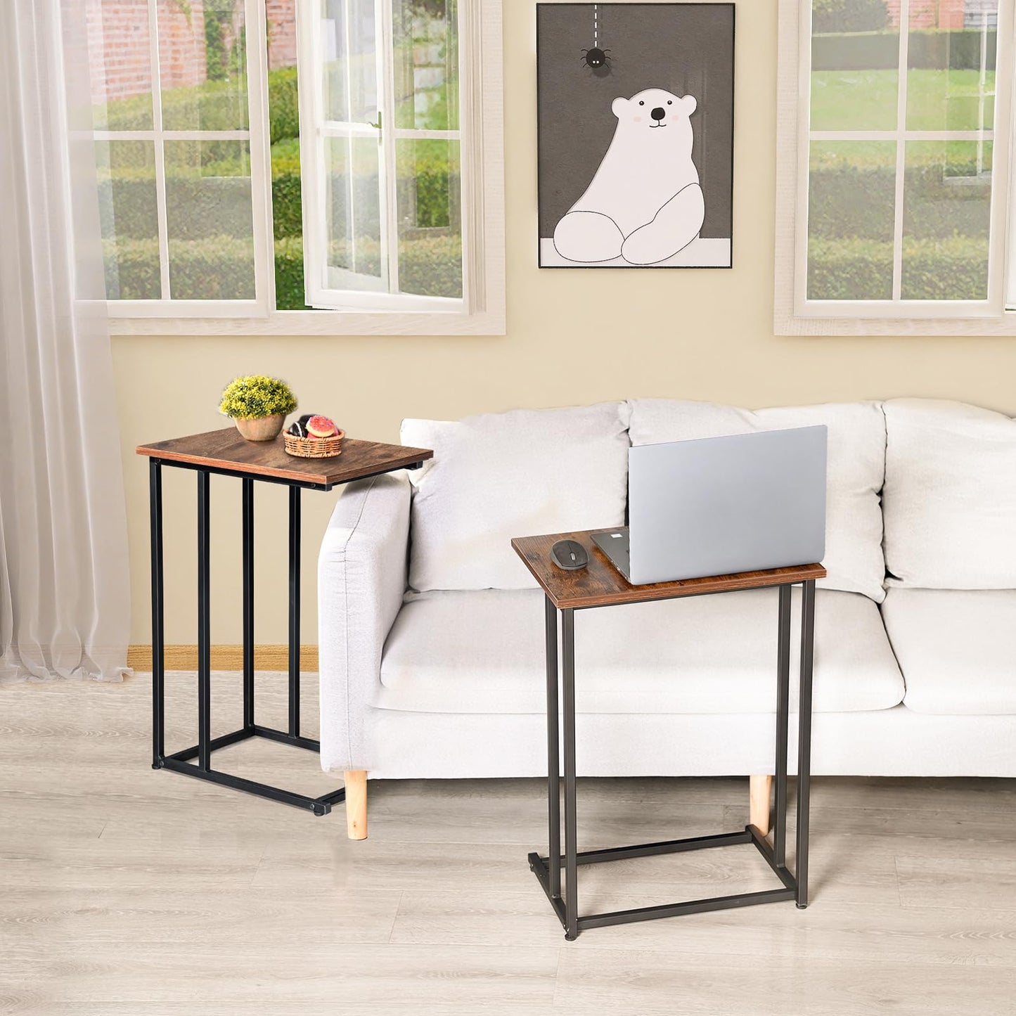 H JINHUI C-Shaped End Table, Sofa Side Table, Mobile Snack Table for Coffee Laptop Tablet, Industrial Style with Metal Frame